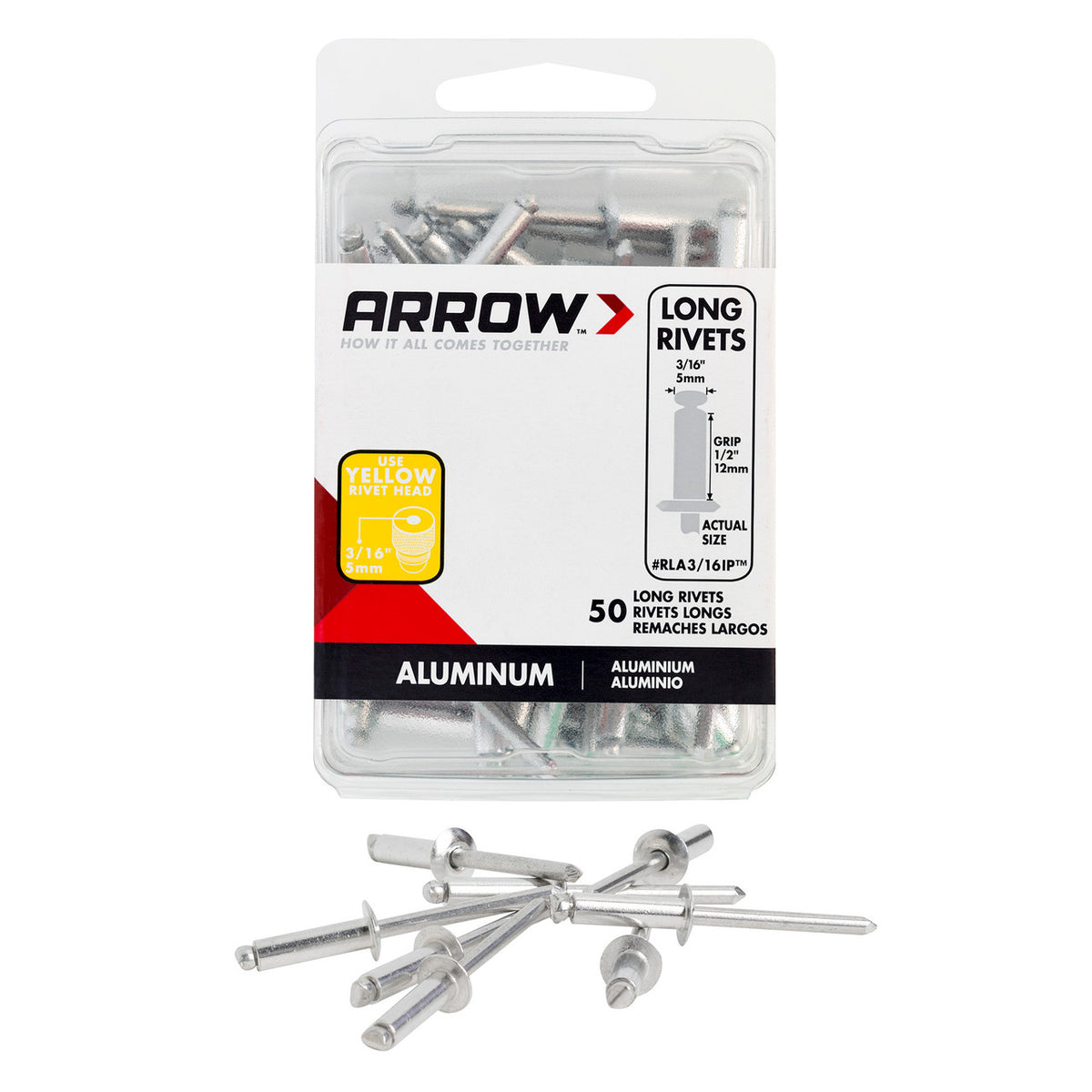 Rivets pop longs en aluminium Arrow RLA3/16IP 3/16 pouce, 50 pièces