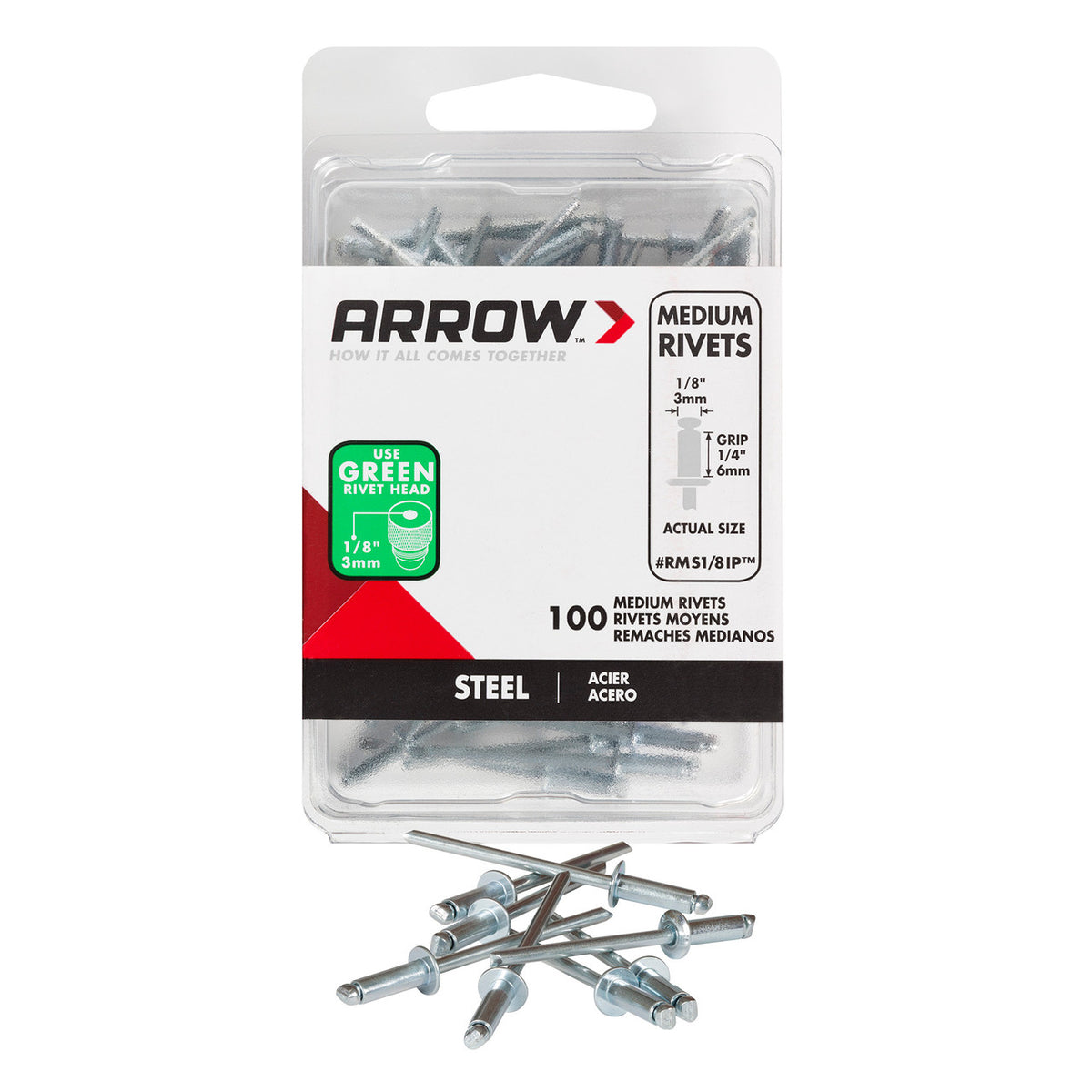 Rivets pop moyens en acier Arrow RMS1/8IP 1/8 pouce, 100 pièces
