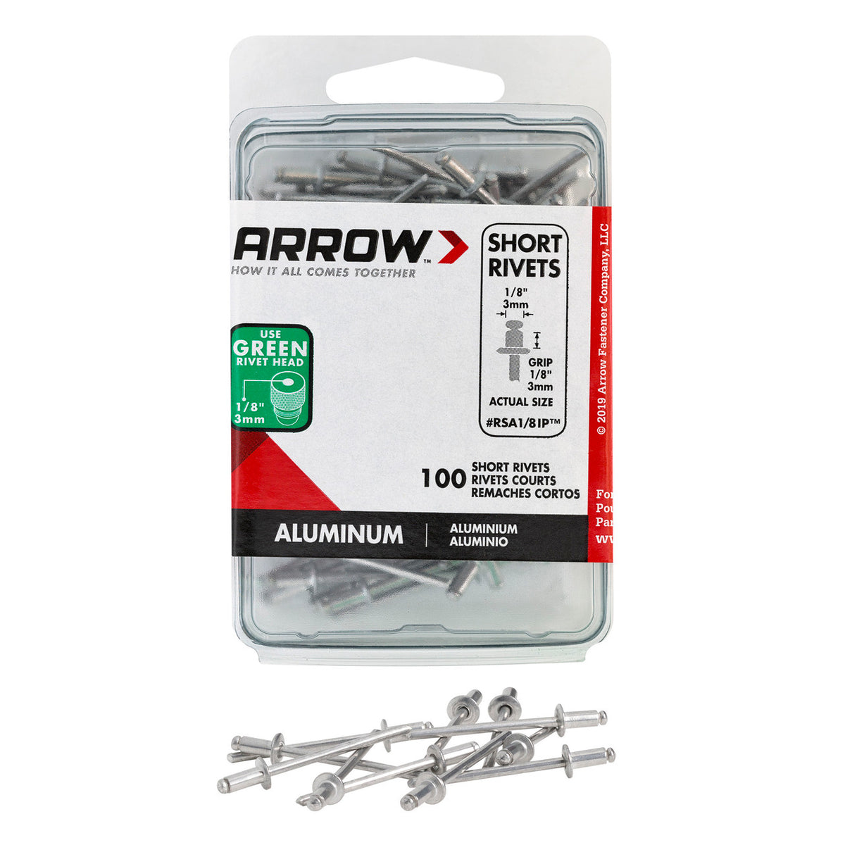 Rivets pop courts en aluminium Arrow RSA1/8IP 1/8 pouce, 100 pièces