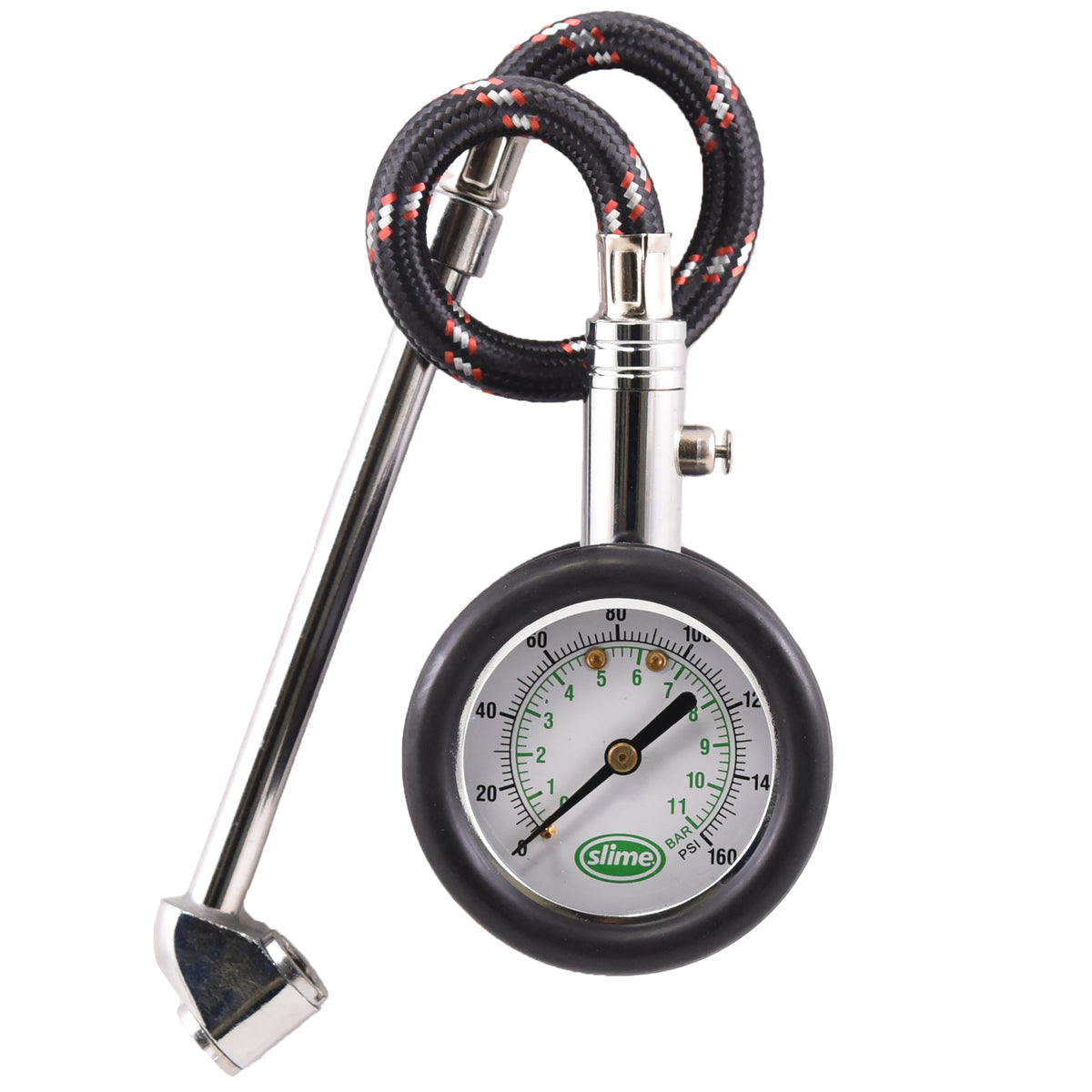 Manomètre à cadran Slime 2020-A à double embout pour pneus, 10-160 psi, tuyau tressé, soupape de purge