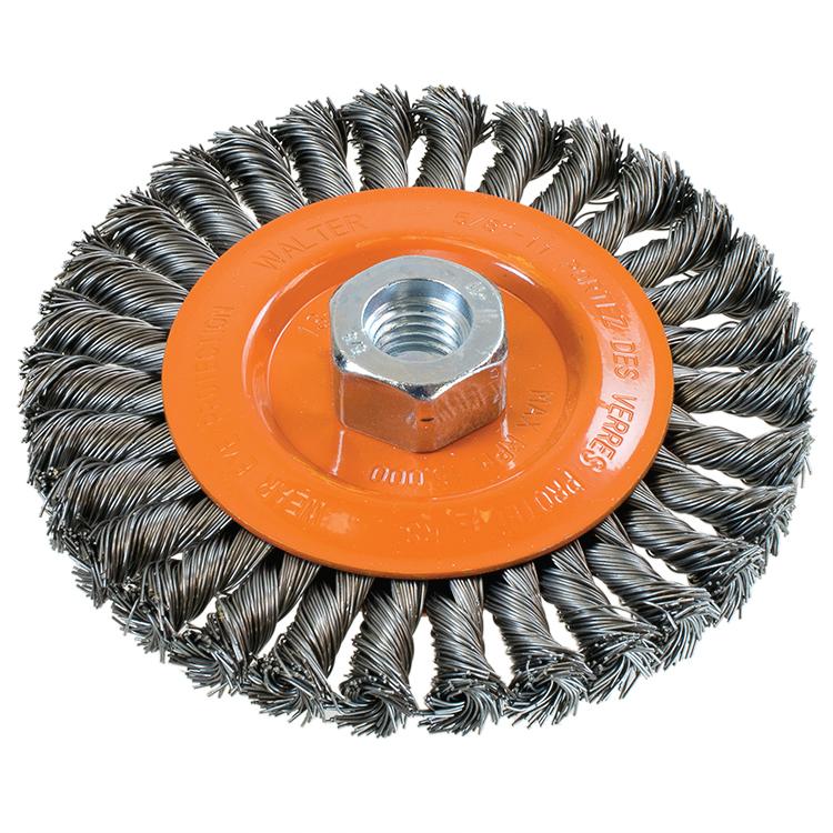 Brosse circulaire métallique large à fils torsadés en nœuds Walter 13-L504, 5 po, acier au carbone, largeur 3/8 po, filetage 5/8-11