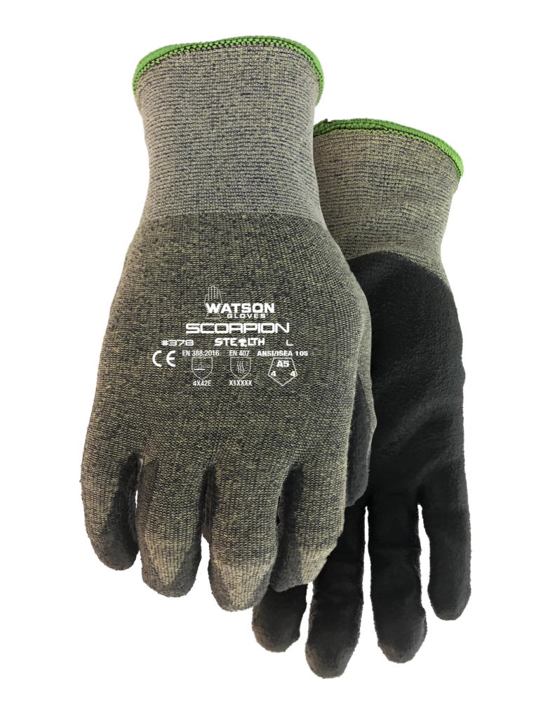 Gants tricotés résistants à la coupure Watson 378, coque 15 jauges HPPE/acier, paume enduite de polyuréthane, gris et noir, la paire