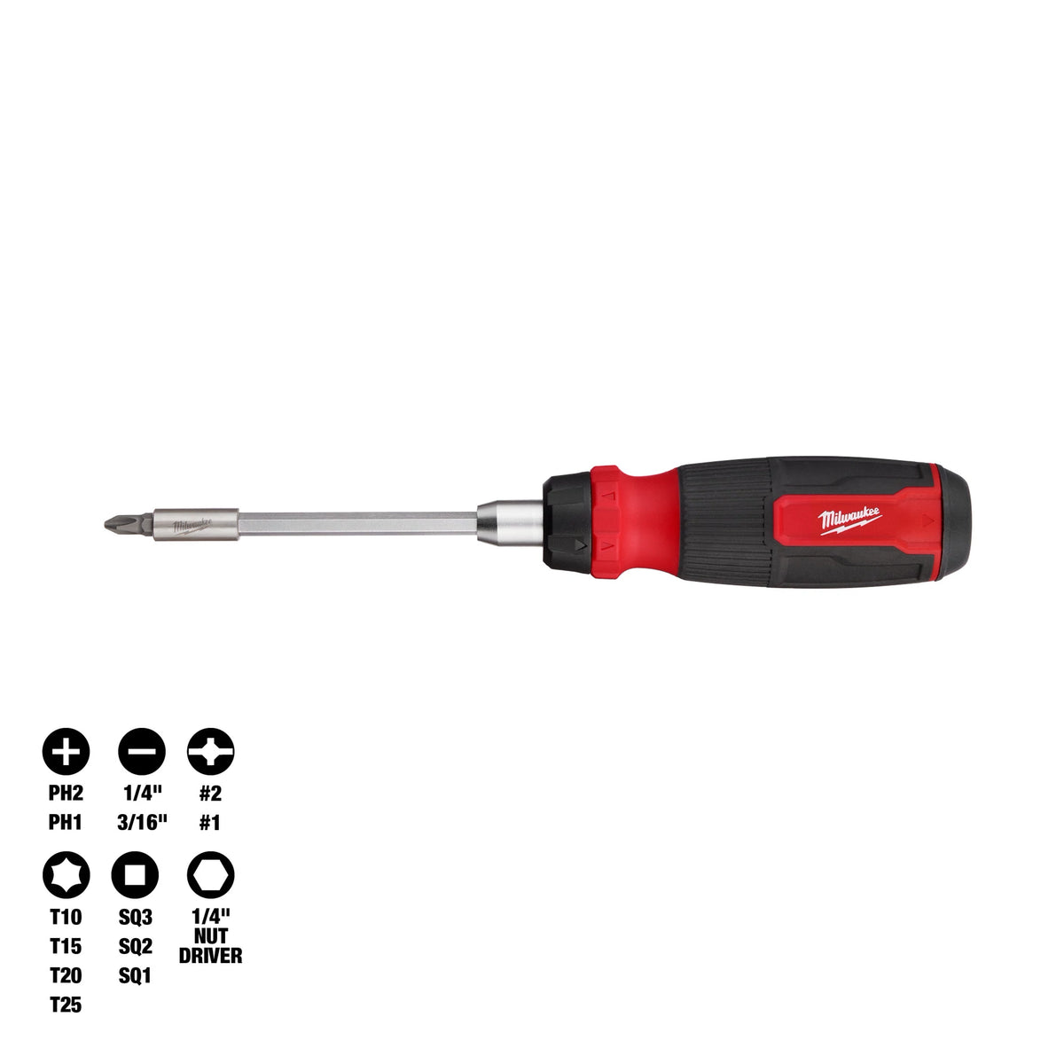 Tournevis à cliquet multi-embouts 14 en 1 Milwaukee 48-22-2903, rangement des embouts dans le manche