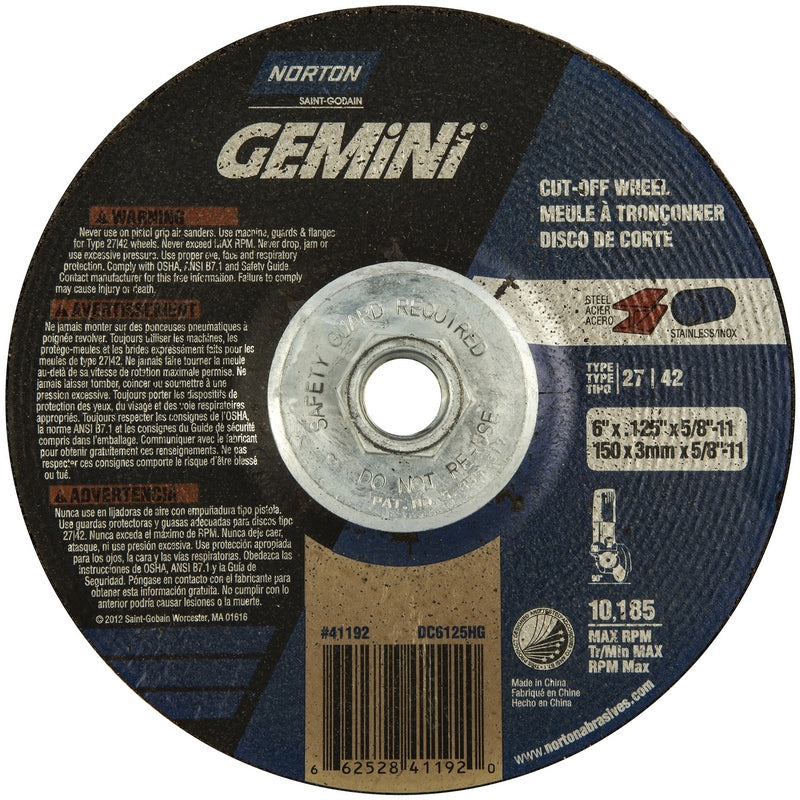 Meule à centre déprimé Norton Gemini 66252841906 type 27/42, 6 x 3/32 x 7/8 po (152 x 2,4 x 22,2 mm), grain 30