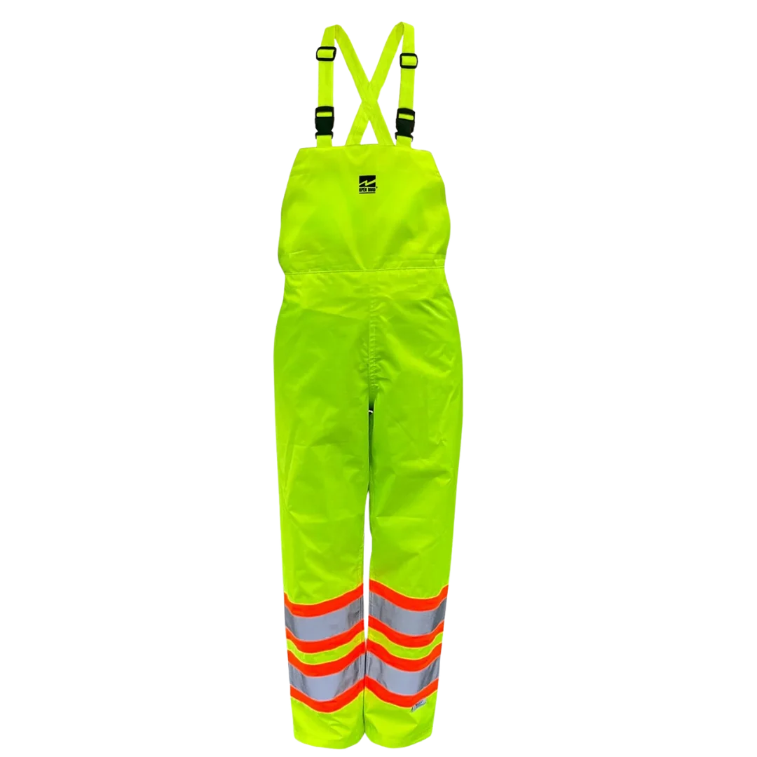 Pantalon à bretelles imperméable femme haute visibilité Open Road 6323LPG, jaune-vert, polyester ripstop 150 deniers/PU