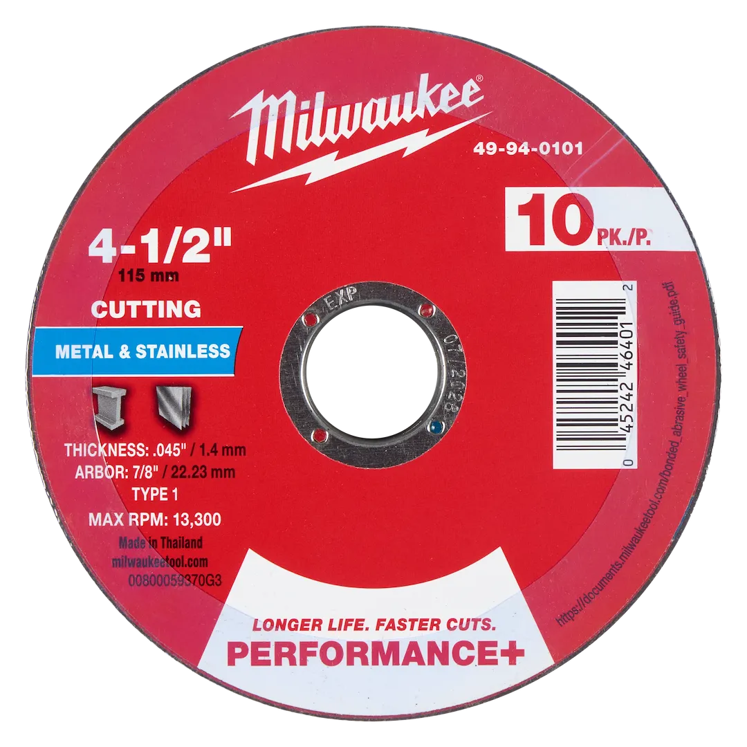 Disques de tronçonnage Milwaukee 49-94-0101 Performance+ type 1 pour métal, 114 mm x 1,14 mm x 22 mm, lot de 10