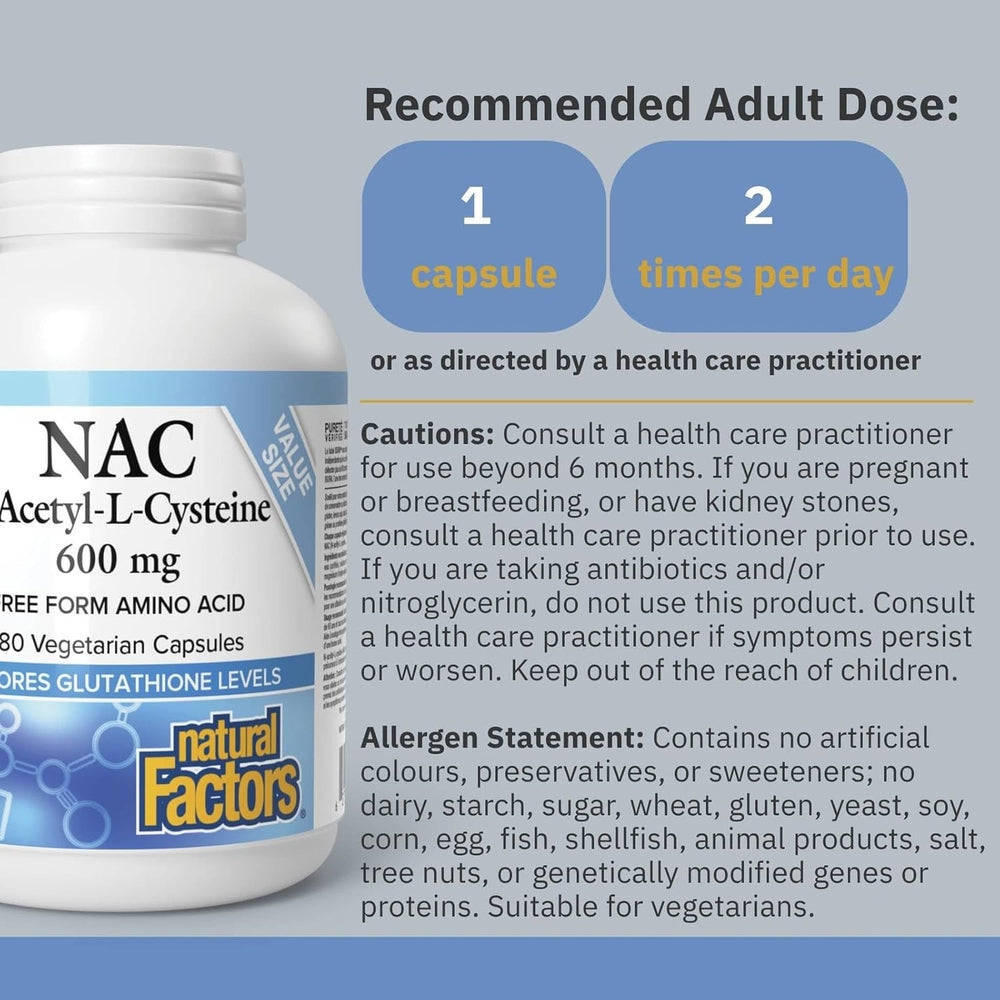 Natural Factors NAC N-Acetyl-L-Cysteine 600mg – 180 Vegetarian Capsules
