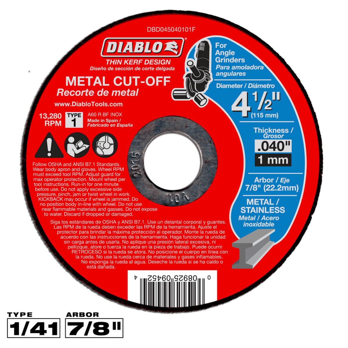 Disque à tronçonner Diablo CDD045040101F type 1 à coupe fine pour métal, 115 mm x 1 mm x 22,2 mm (4-1/2 x 0,040 x 7/8 po)