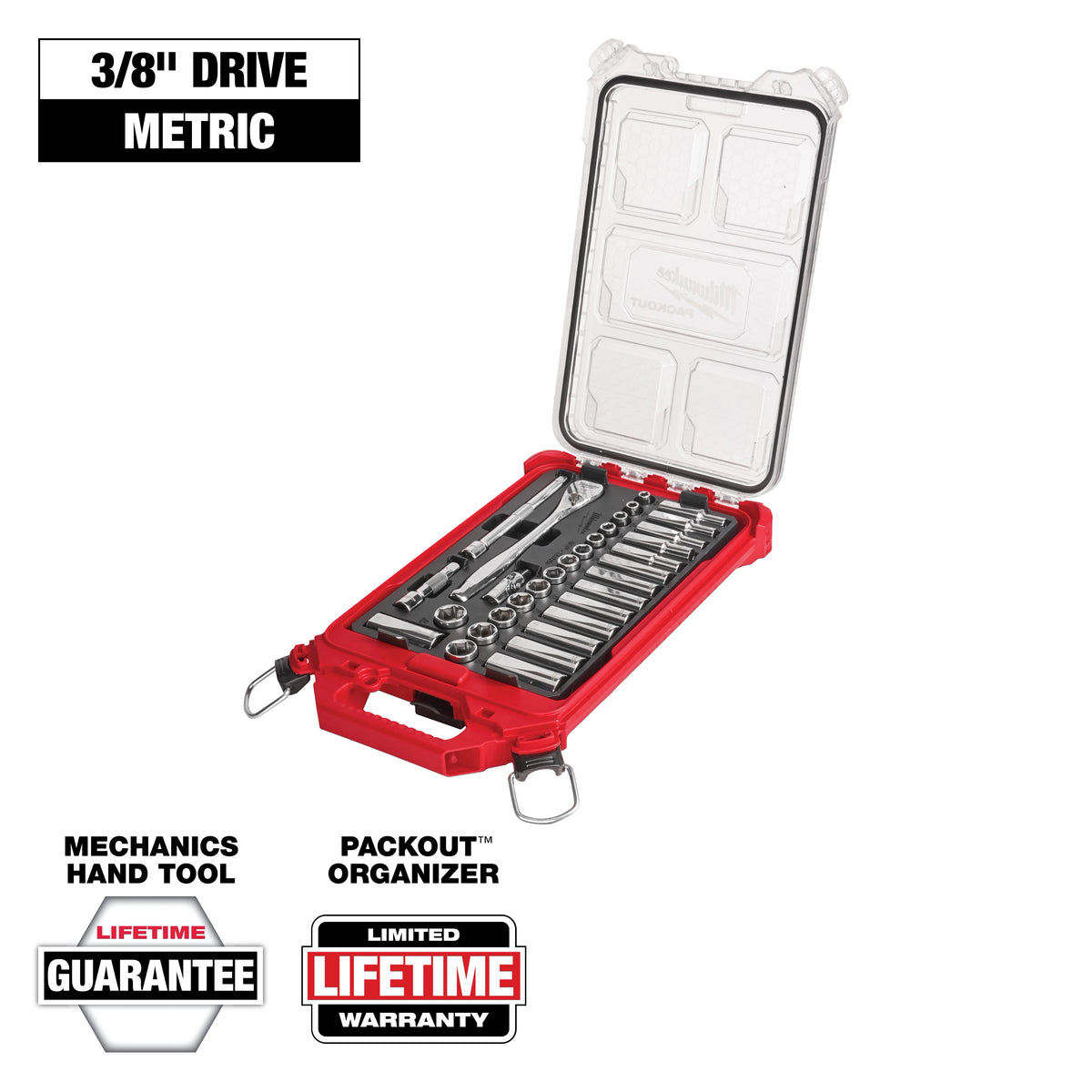 Jeu de clé à cliquet et douilles métriques Milwaukee 48-22-9482, entraînement 3/8 po, 32 pièces avec coffret PACKOUT