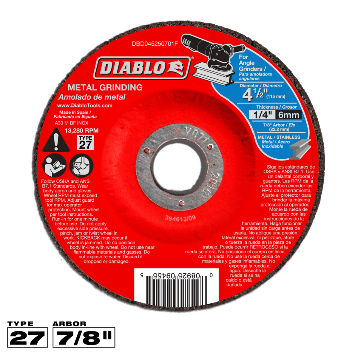 Disque à meuler Diablo CDD045250701F type 27 à moyeu déporté pour métal, 115 mm x 6,4 mm x 22,2 mm (4-1/2 x 1/4 x 7/8 po)