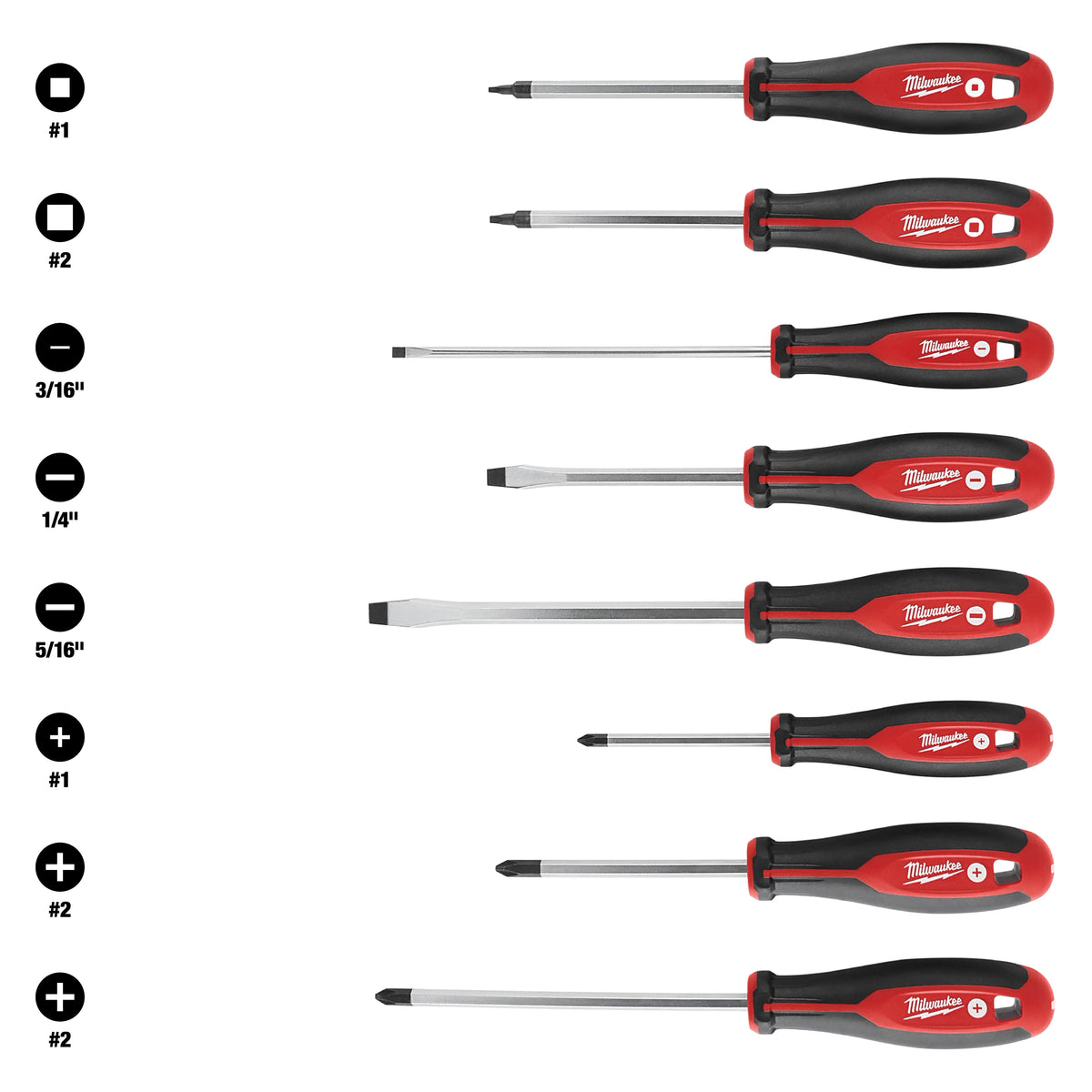 Jeu de 8 tournevis Milwaukee 48-22-2718 avec carré, manches tri-lobes