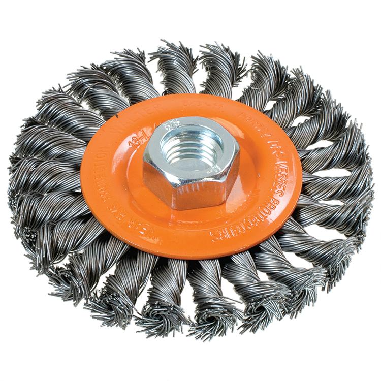 Brosse circulaire métallique large à fils torsadés en nœuds Walter 13-L404, 4 po, acier au carbone, largeur 3/8 po, filetage 5/8-11