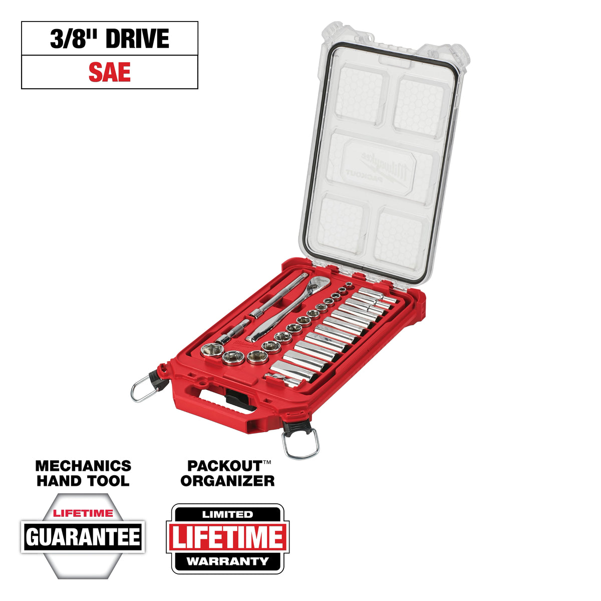 Jeu de clé à cliquet et douilles en pouces (SAE) Milwaukee 48-22-9481, entraînement 3/8 po, 28 pièces avec coffret PACKOUT