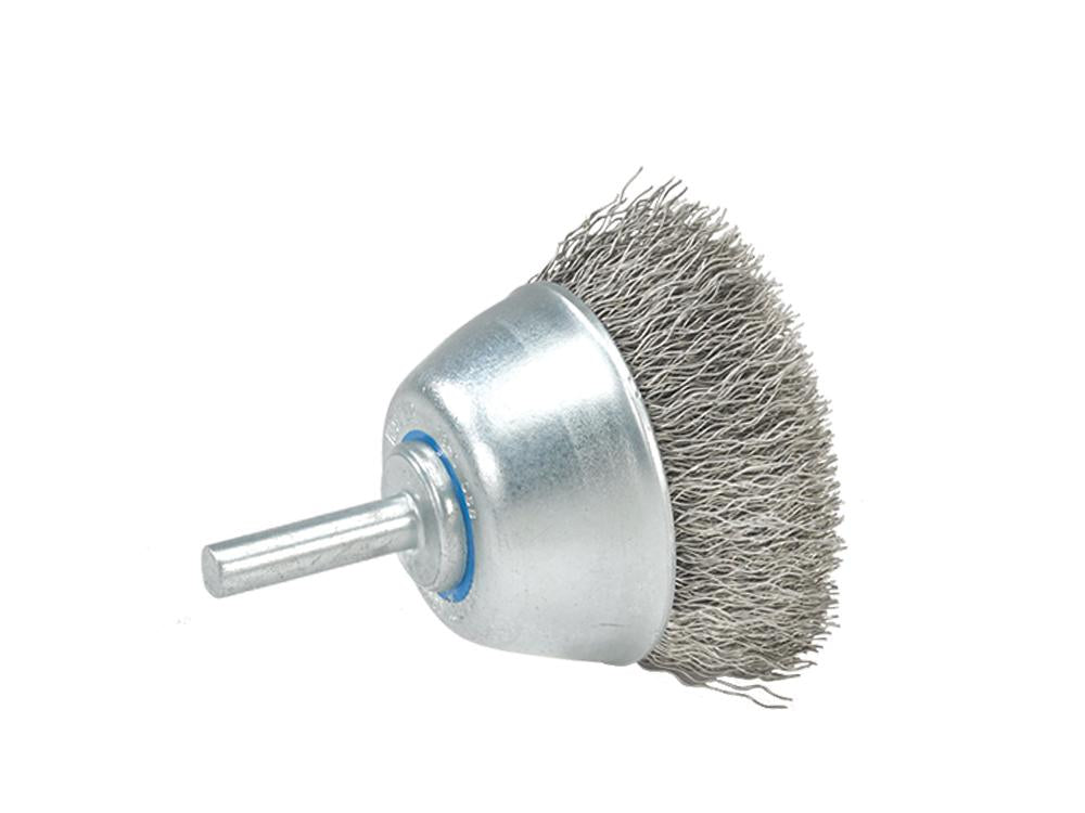 Brosse boisseau montée Walter 13C065, fil ondulé en acier inoxydable, diamètre 1-1/2 po, fil 0,0118 po, queue 1/4 po