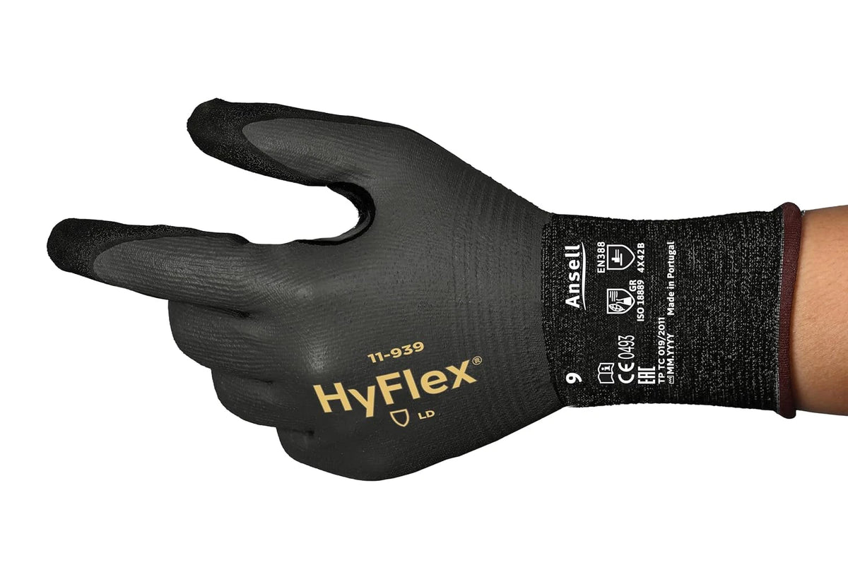 Gants de travail Ansell 11-939 entièrement enduits de nitrile mousse, jauge 18, noir et gris, tailles 6 à 10