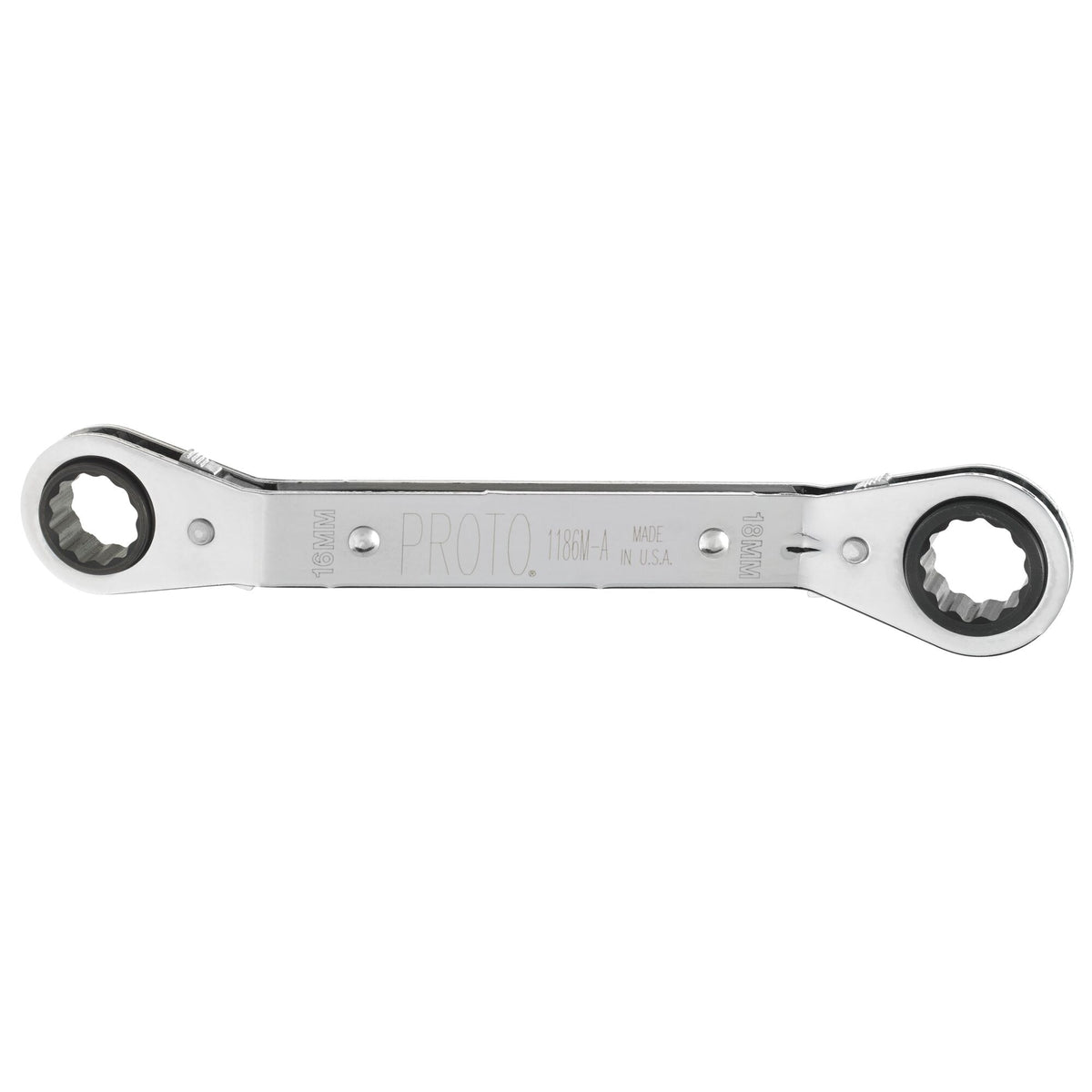 Clé polygonale double à cliquet, coudée et réversible, Proto J1186M-A, 16 mm x 18 mm, 12 pans