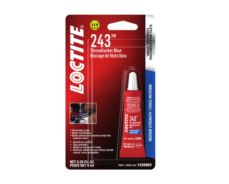 Frein-filet moyenne résistance Loctite 243, tolérant à l'huile, bleu, tube de 6 mL