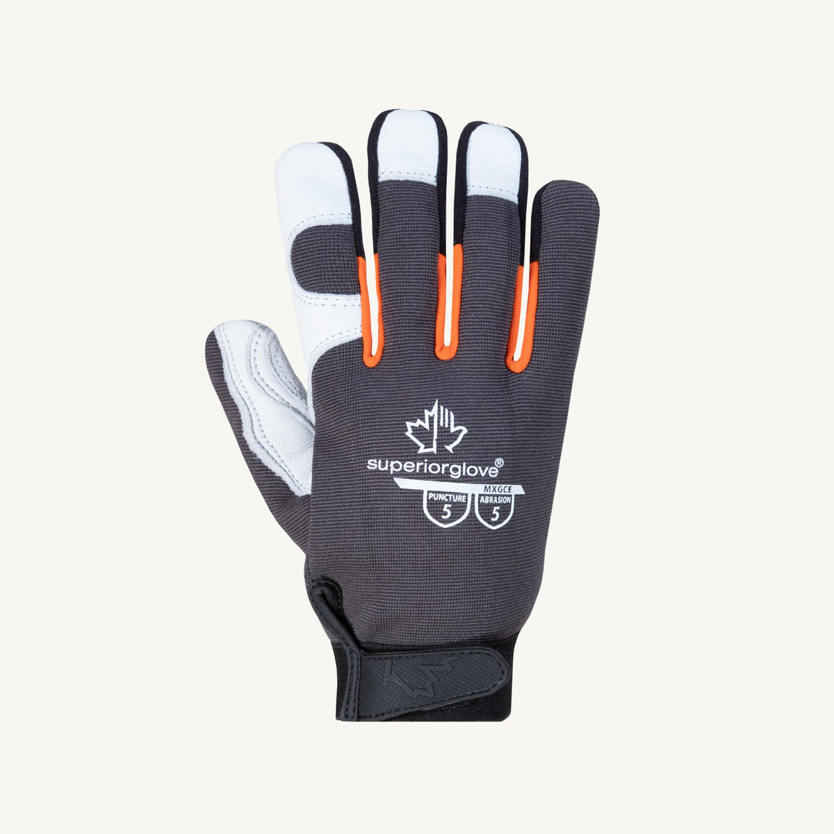 Gants de style mécanicien Superior Glove MXGCE à paume en cuir de chèvre, gris et blanc, la paire