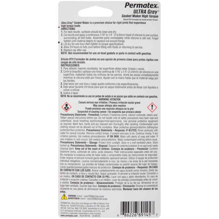 Joint silicone RTV Permatex Ultra Grey, sans danger pour les capteurs, tube de 80 mL