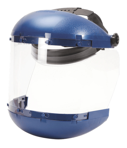 Écran facial S38110 avec couronne et protège-menton, serre-tête à cliquet, fenêtre transparente, bleu, Sellstrom