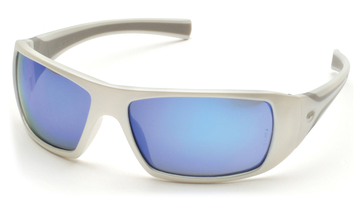 Lunettes de sécurité Pyramex Goliath SW5665D, monture blanche, lentille miroir bleu glacé, 1 paire