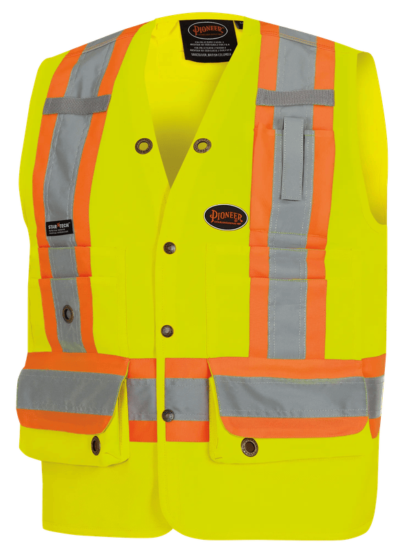 Gilet d’arpenteur 6693 en sergé de polyester 150D, fermeture à pression, jaune/vert haute visibilité, Pioneer