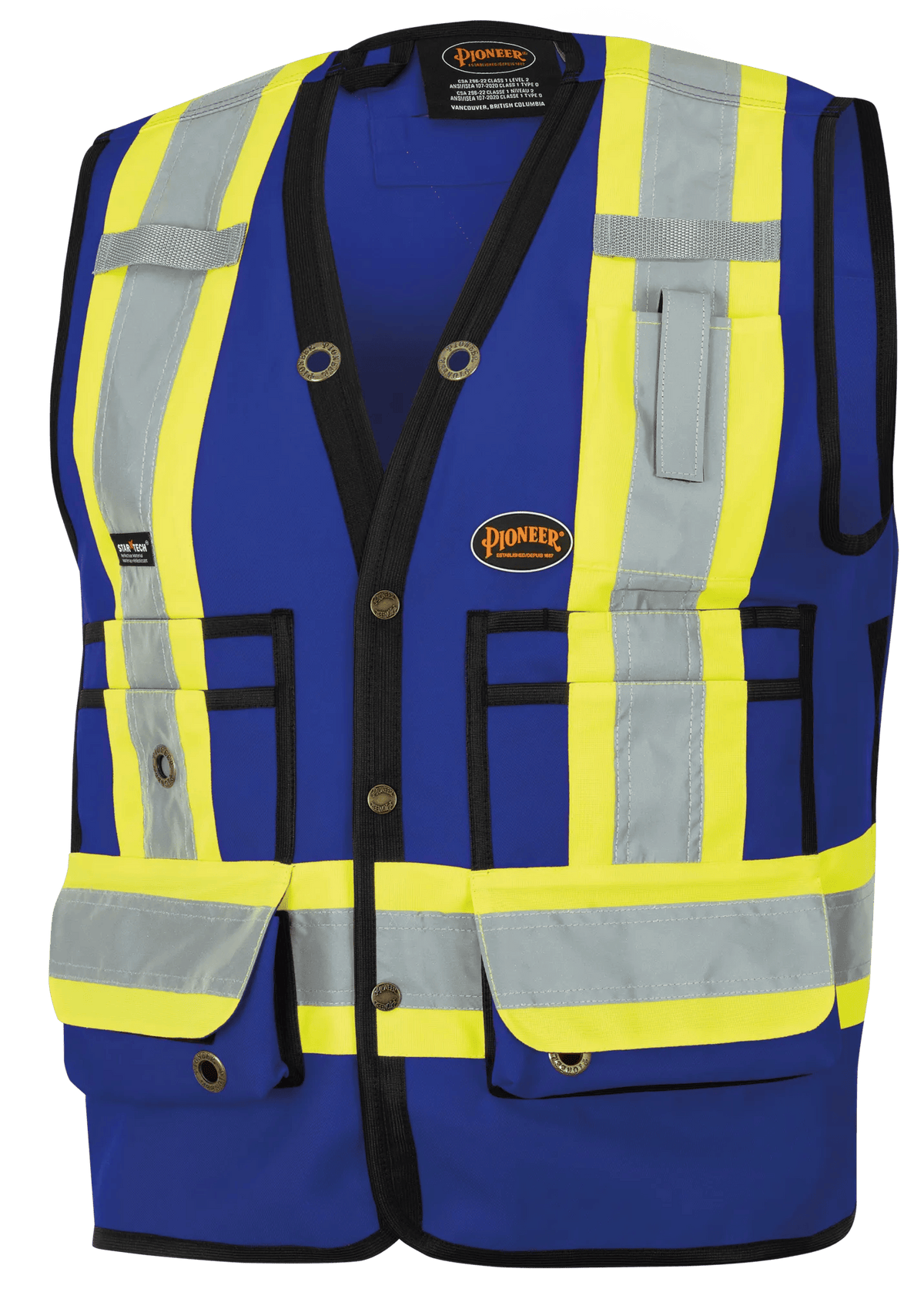 Veste de sécurité d’arpenteur Pioneer 6692N, polyester sergé tissé 150D, fermeture à pression, bleu royal