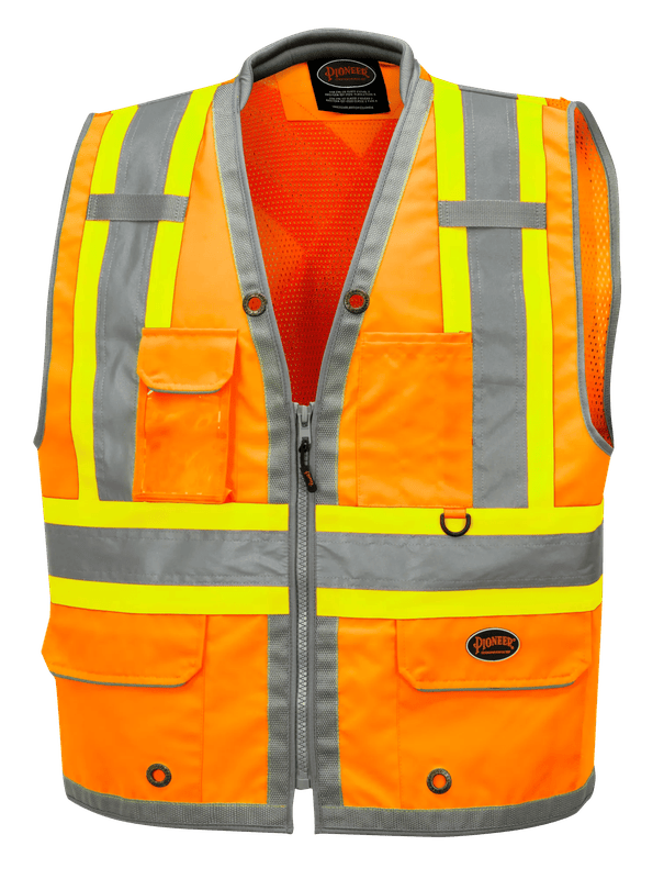 Gilet d’arpenteur 6672 à dos en filet et fermeture à glissière, orange haute visibilité, Pioneer