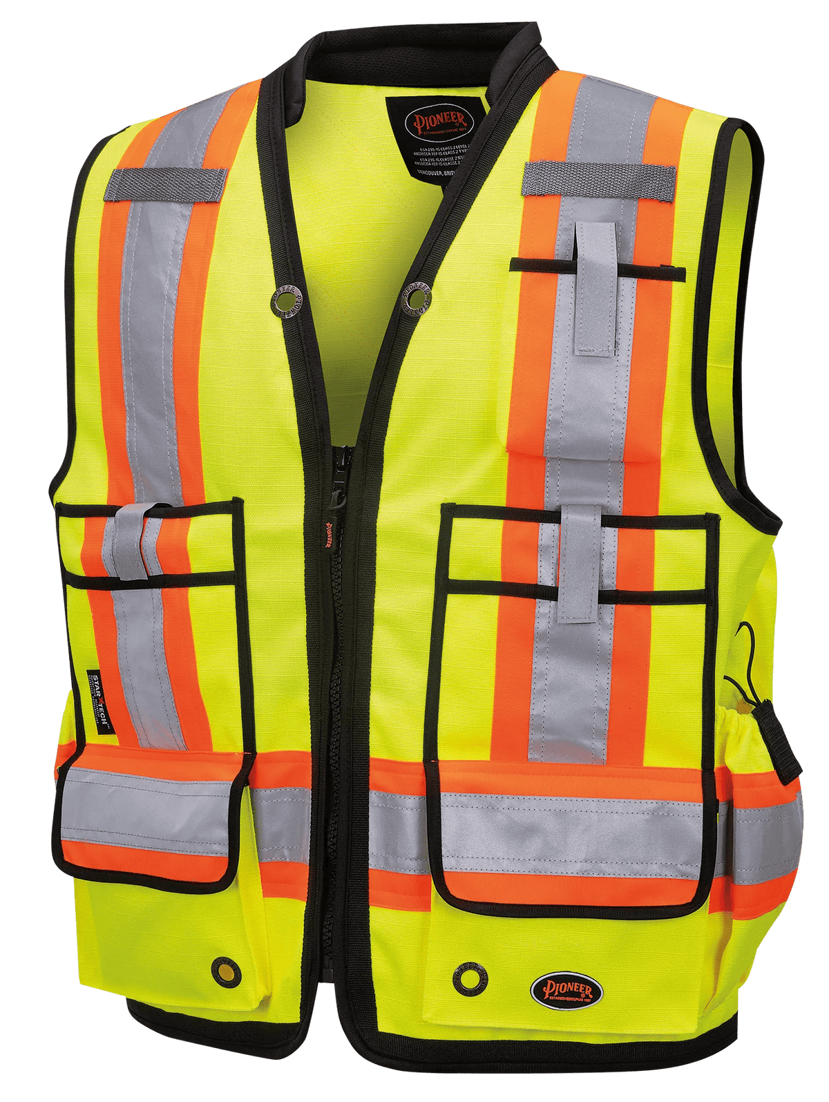Veste de sécurité d’arpenteur haute visibilité Pioneer 6677, polyester Oxford 1200D, fermeture à glissière, jaune