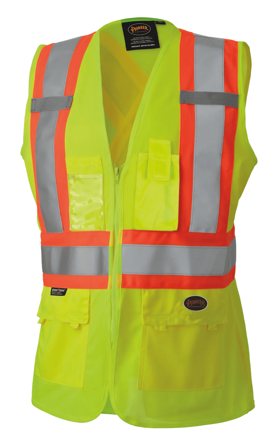 139 Gilet de sécurité pour femme en tricot avec fermeture éclair et poches, jaune-vert haute visibilité, Pioneer