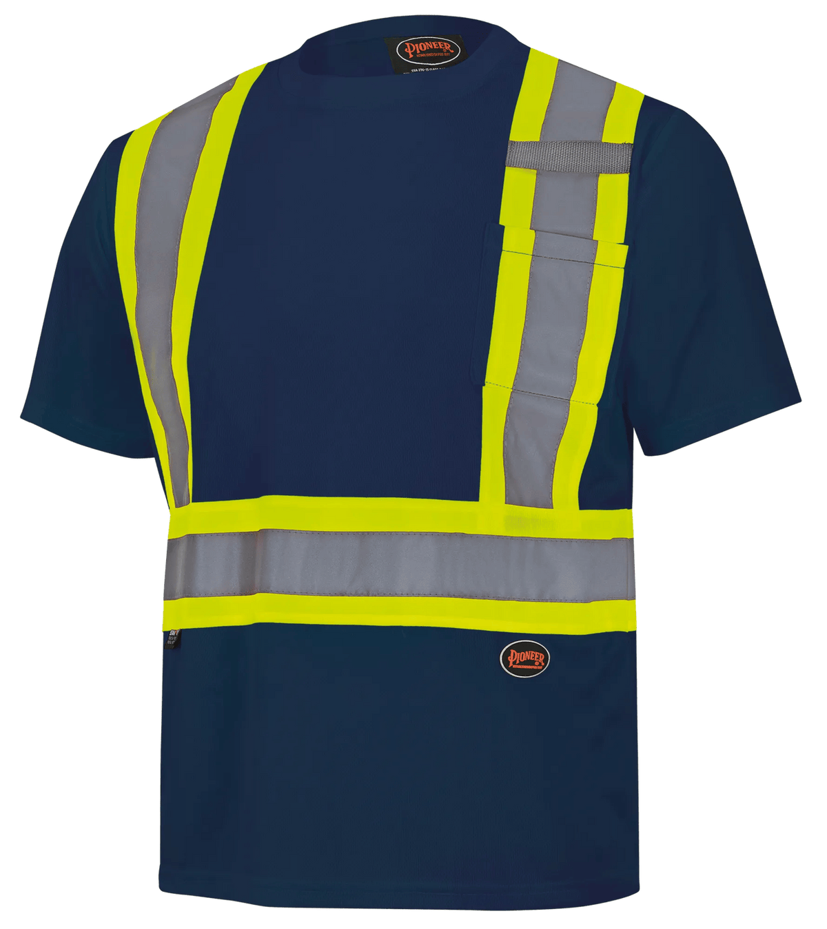 6992N T-shirt de sécurité bird’s-eye avec poche poitrine, bleu marine, manches courtes, Pioneer