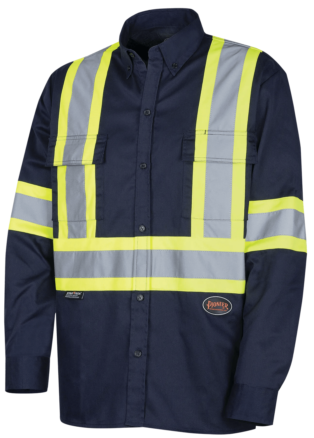 Chemise de travail à manches longues boutonnée avec bandes réfléchissantes 4414, marine, Pioneer