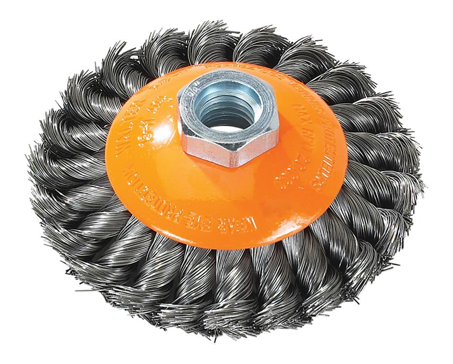 Brosse soucoupe métallique à fils torsadés en nœuds Walter 13-H404, 4 po, acier au carbone, filetage 5/8-11