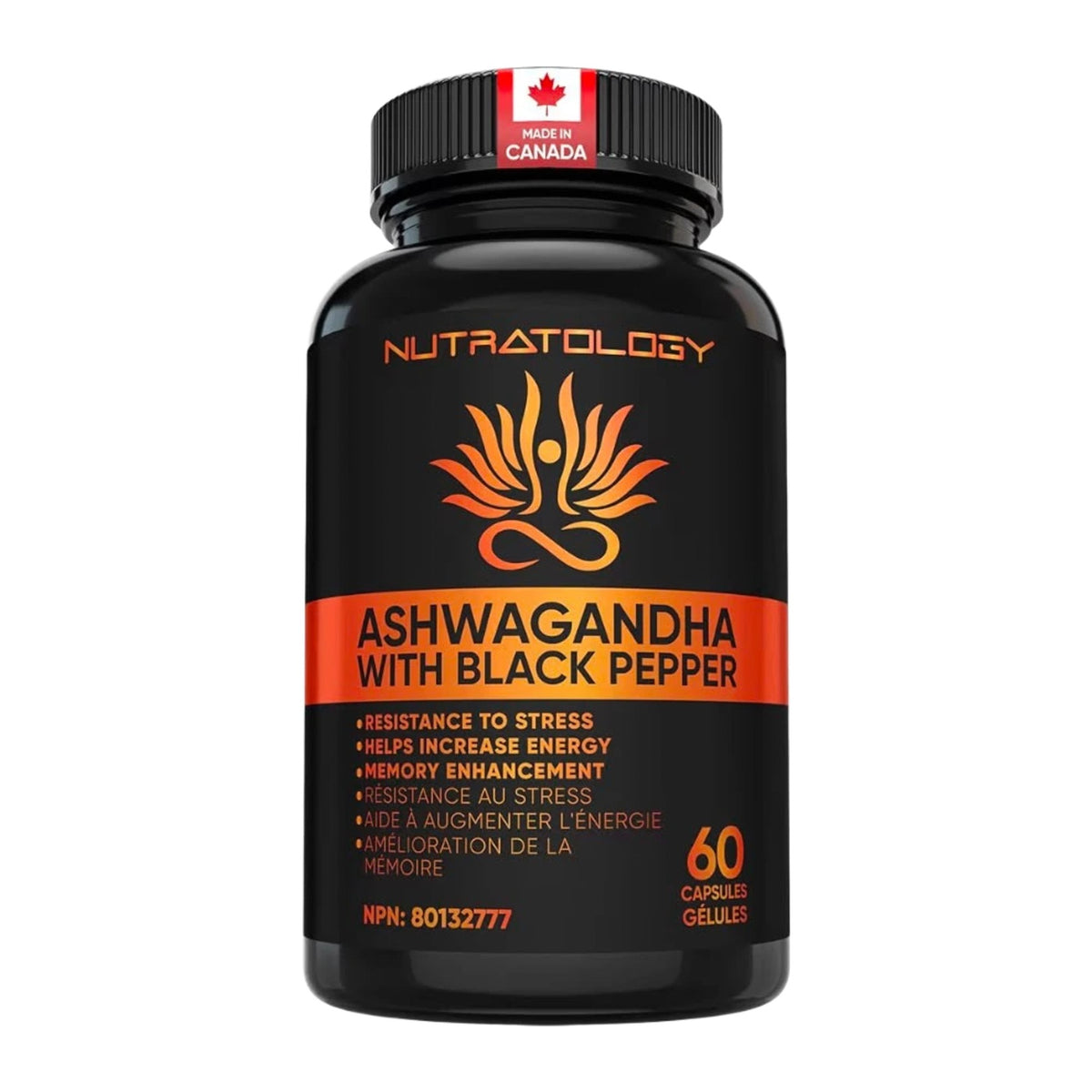 Flacon d'ashwagandha au poivre noir Nutratology 60 capsules sur fond blanc