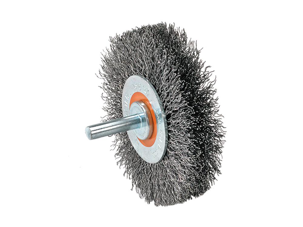 Brosse circulaire montée Walter 13C178, fil ondulé en acier inoxydable, diamètre 4 po, épaisseur 1/4 po, fil 0,0118 po, queue 1/4 po