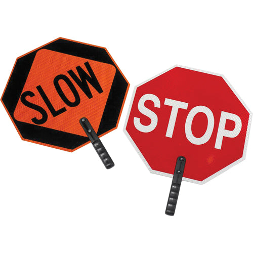 Panneau de circulation recto verso Arrêt/Lent CCI Canada 03-852, plastique, 18 po x 18 po, avec poignée