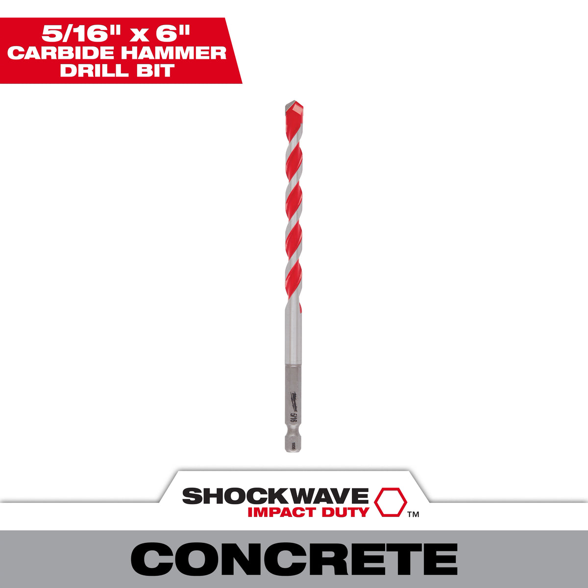 Foret à béton à pointe carbure SHOCKWAVE Impact Duty Milwaukee 48-20-9016, 5/16 po x 6 po
