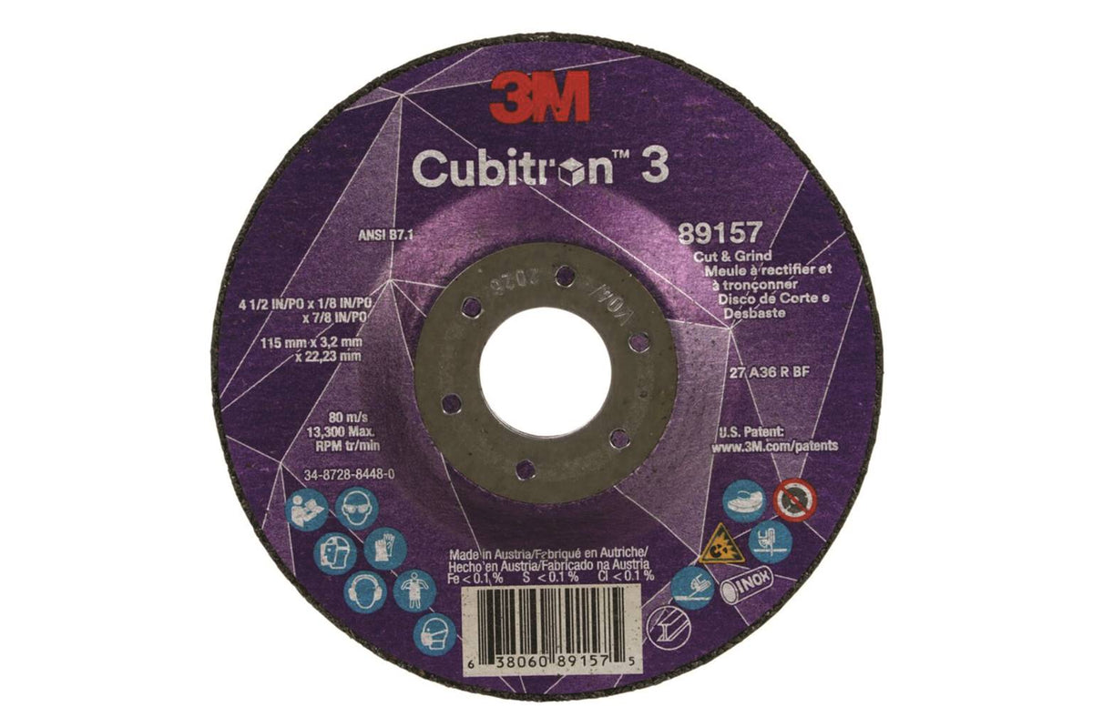 Meule à tronçonner et à rectifier 3M Cubitron 3 89157, type 27, 4-1/2 po x 1/8 po x 7/8 po (115 mm x 3,2 mm x 22,23 mm)