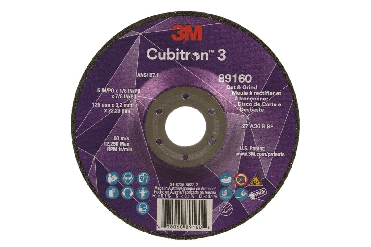 Meule à tronçonner et à rectifier 3M Cubitron 3 89160, type 27, 5 po x 1/8 po x 7/8 po (125 mm x 3,2 mm x 22,23 mm)