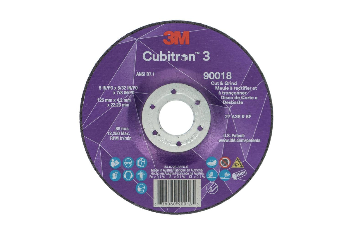 Meule à tronçonner et à rectifier 3M Cubitron 3 90018, type 27, 5 po x 5/32 po x 7/8 po (125 mm x 4,2 mm x 22,23 mm)
