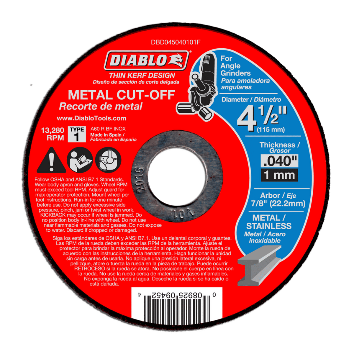 Disques à tronçonner Diablo CDD045040115F type 1 à coupe fine pour métal, 115 mm x 1 mm x 22,2 mm (4-1/2 x 0,040 x 7/8 po), lot de 15