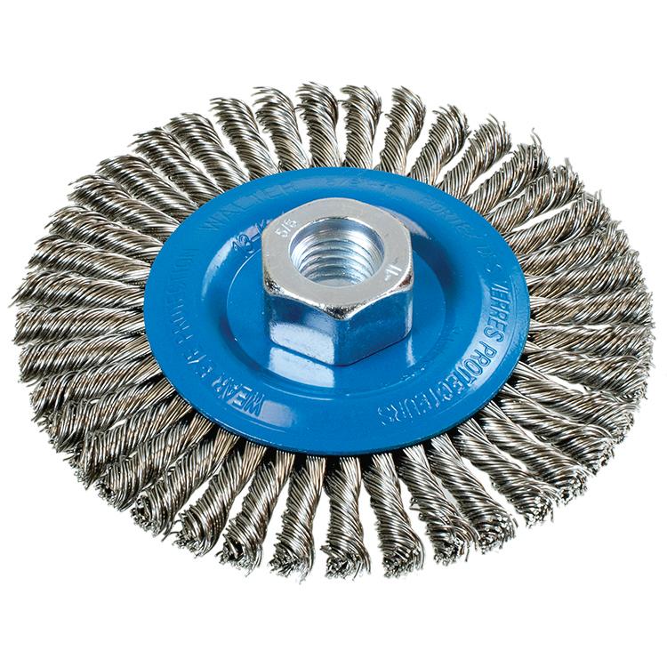 Brosse circulaire métallique stringer bead Walter 13-K464, 4-1/2 po, acier inoxydable, largeur 3/16 po, filetage 5/8-11