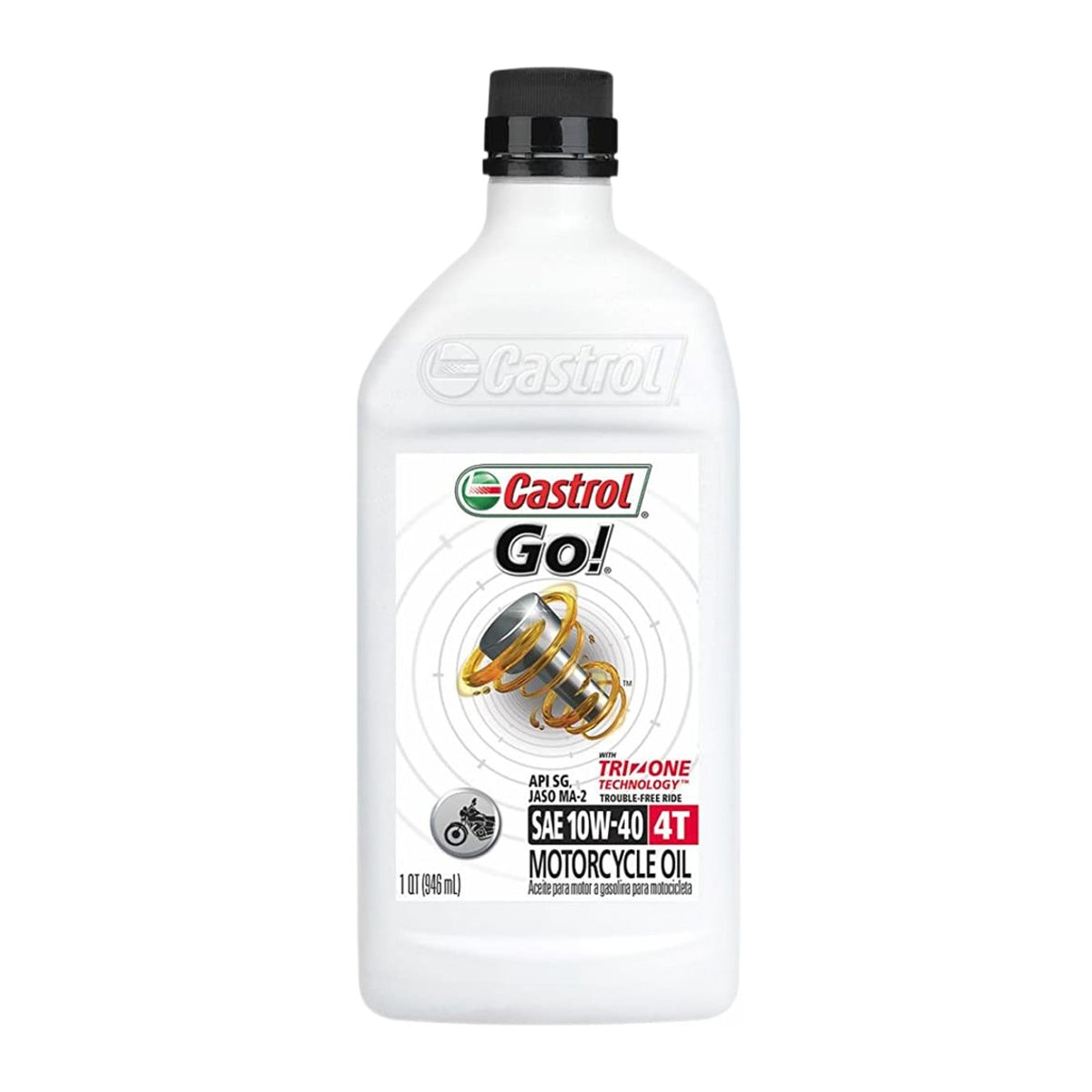 Bouteille d'huile moto Castrol GO! 4T 10W-40 1 L sur fond blanc