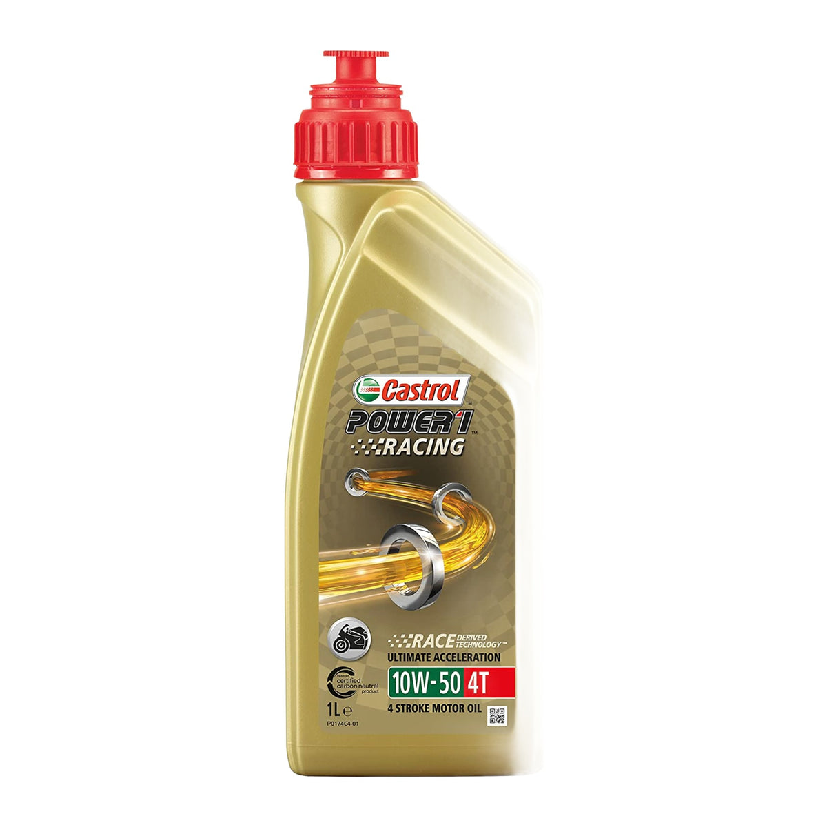 Bouteille d'huile moto Castrol Power1 4T 10W-50 1 L sur fond blanc