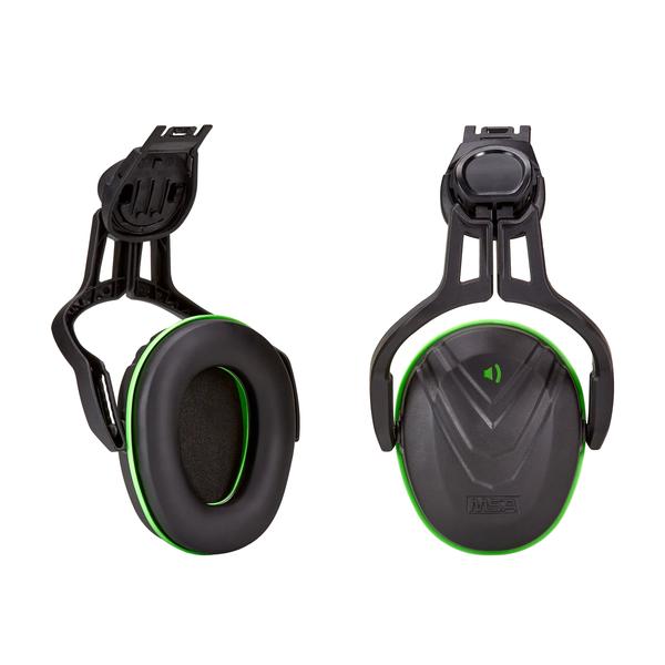 Coquilles antibruit MSA 10190356 fixées au casque, niveau d’atténuation faible, noir avec liseré vert