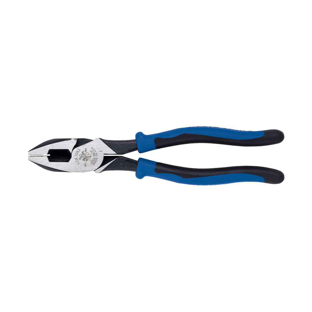 Pince de monteur (lineman’s), tirage de ruban, 9 po, manches bi-matière bleu clair/noir, Klein J2000-9NETP