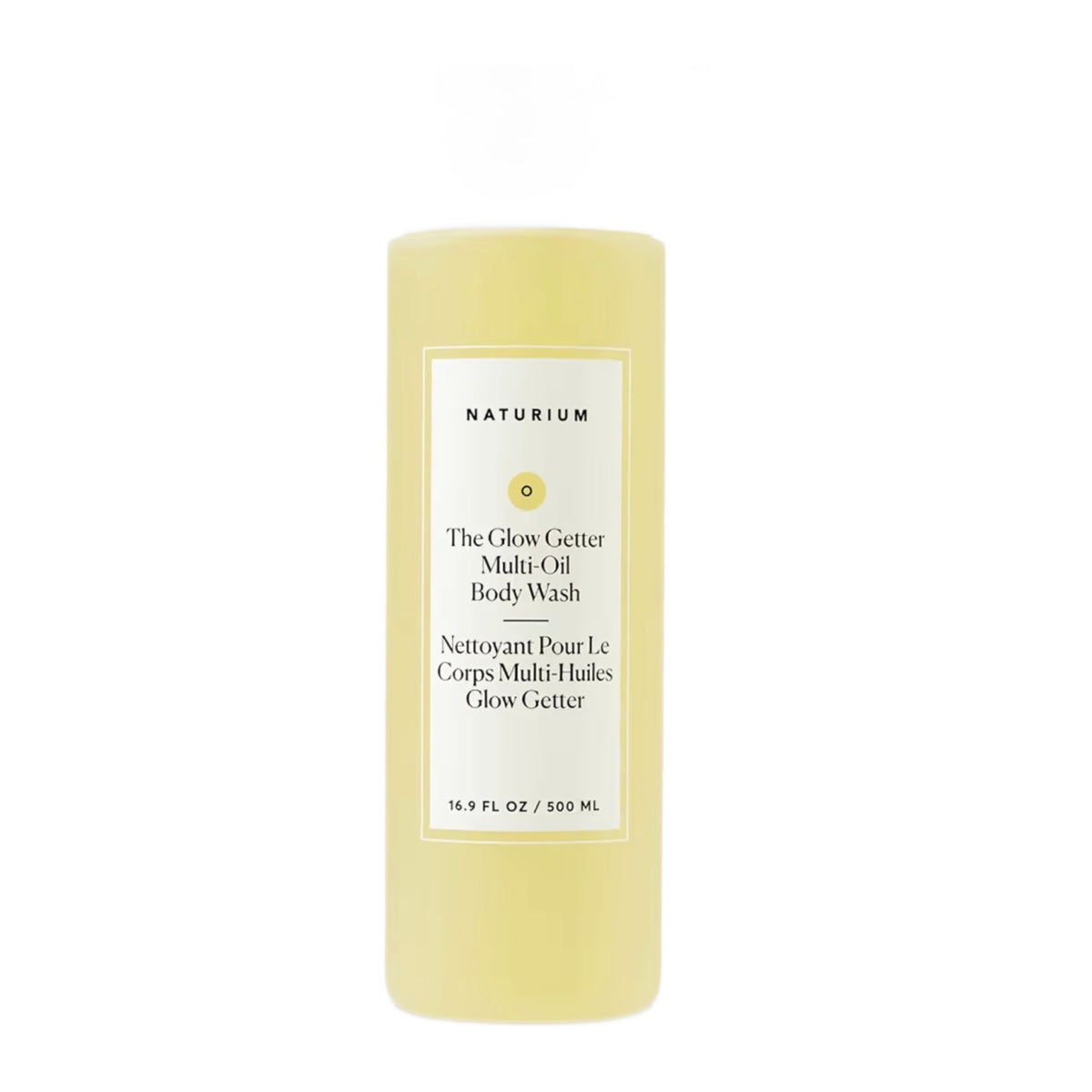 Bottle of Naturium oil body wash on a white background