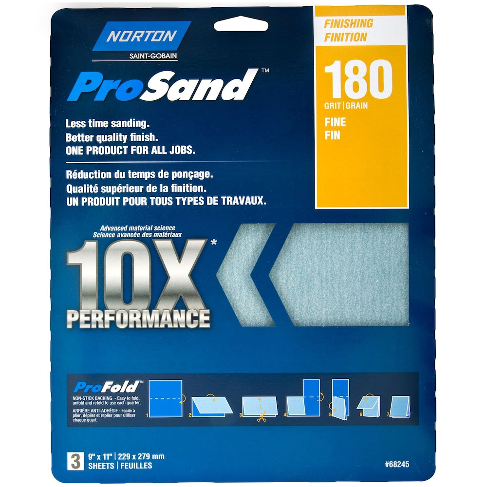 Feuilles de papier abrasif Norton ProSand 10X 9 x 11 po, grain 180 (fin), paquet de 3