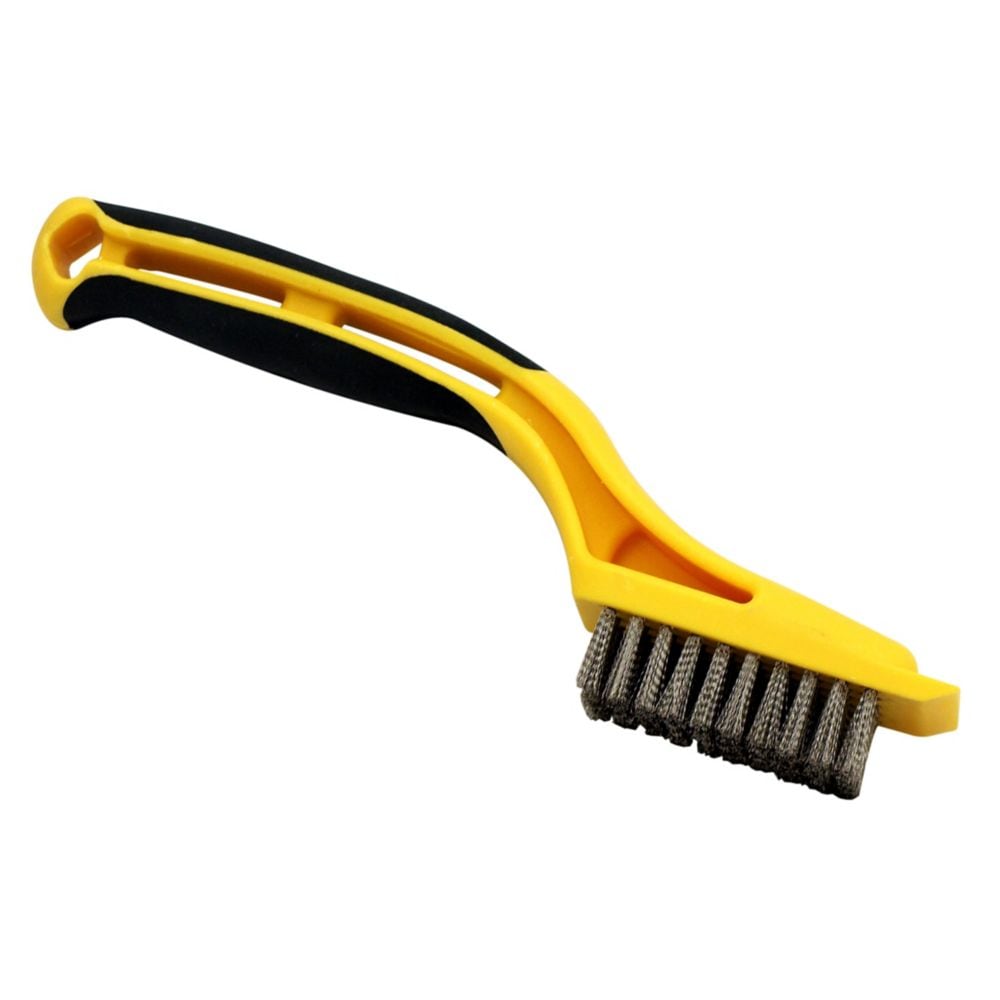 Mini brosse métallique A. Richard 03280, 28 x 57 mm (1-1/8 x 2-1/4 po), fils en acier inoxydable, grattoir en plastique intégré