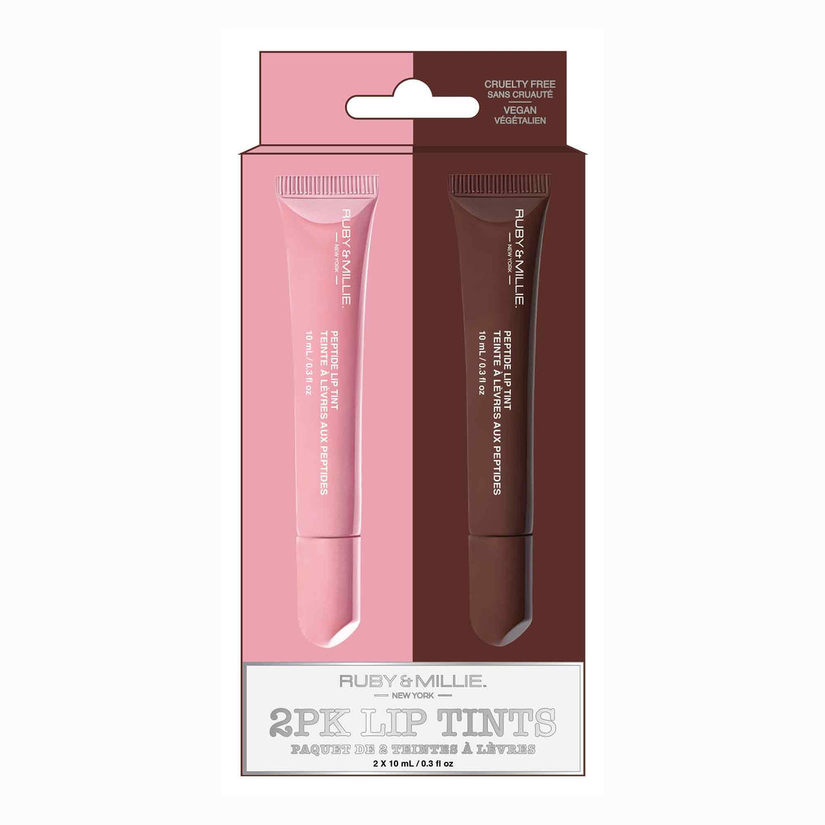 Paquet de 2 teintes à lèvres aux peptides Ruby & Millie, rose et brun, 2 x 10 ml